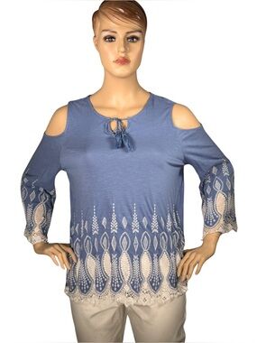 Chico’s Blue Embroidered Cold Shoulder Boho Tunic Top Size 4 (1X/2X)